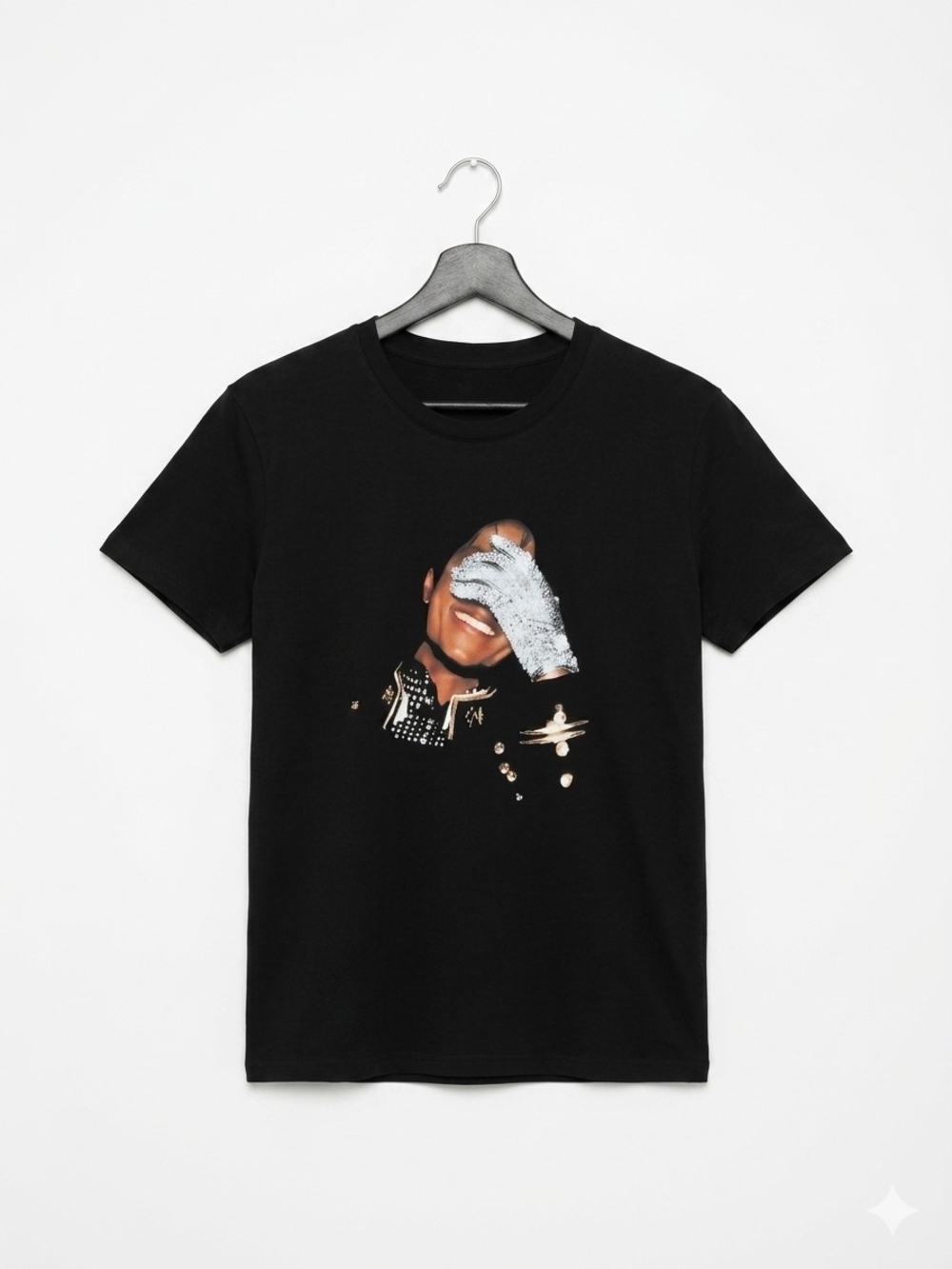 Women's Michael Jackson Black Graphic Crewneck T-Shirt with Sequin Glove Print